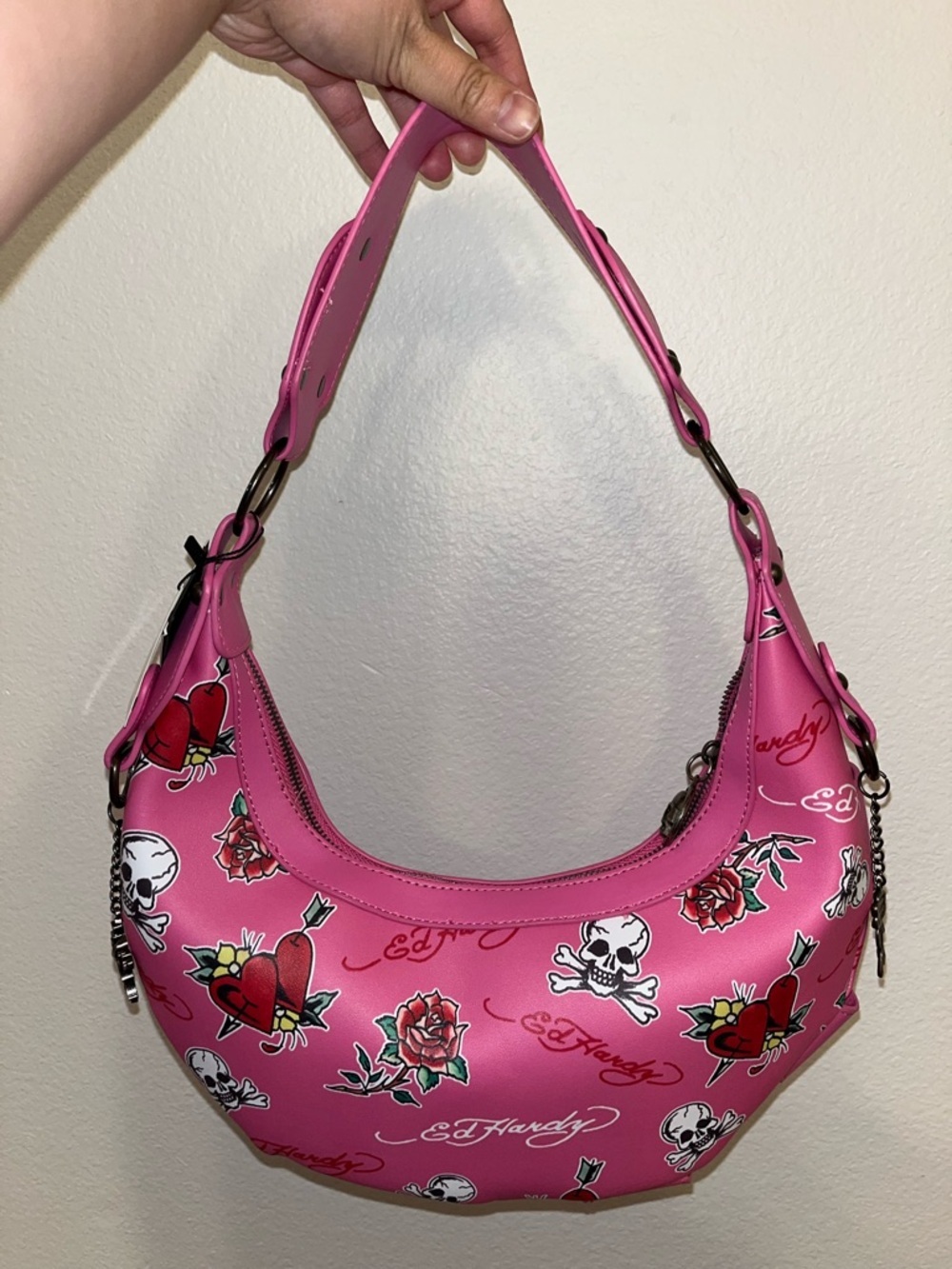 NWT Ed Hardy Hot Pink Tattoo-Print Shoulder Purse Hobo